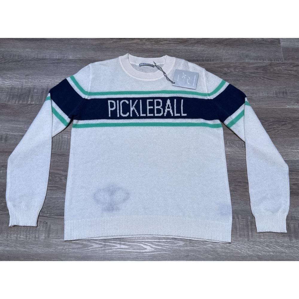 NEW Alashan Women's Size Large 100% Cashmere Pickleball Sweater White Blue L NWT